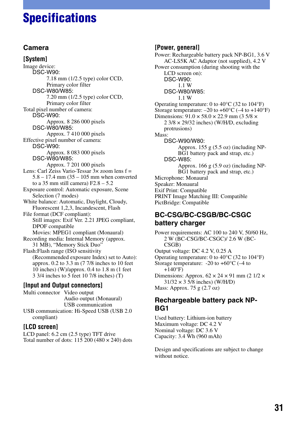 Specifications | Sony DSC-W80 User Manual | Page 31 / 36