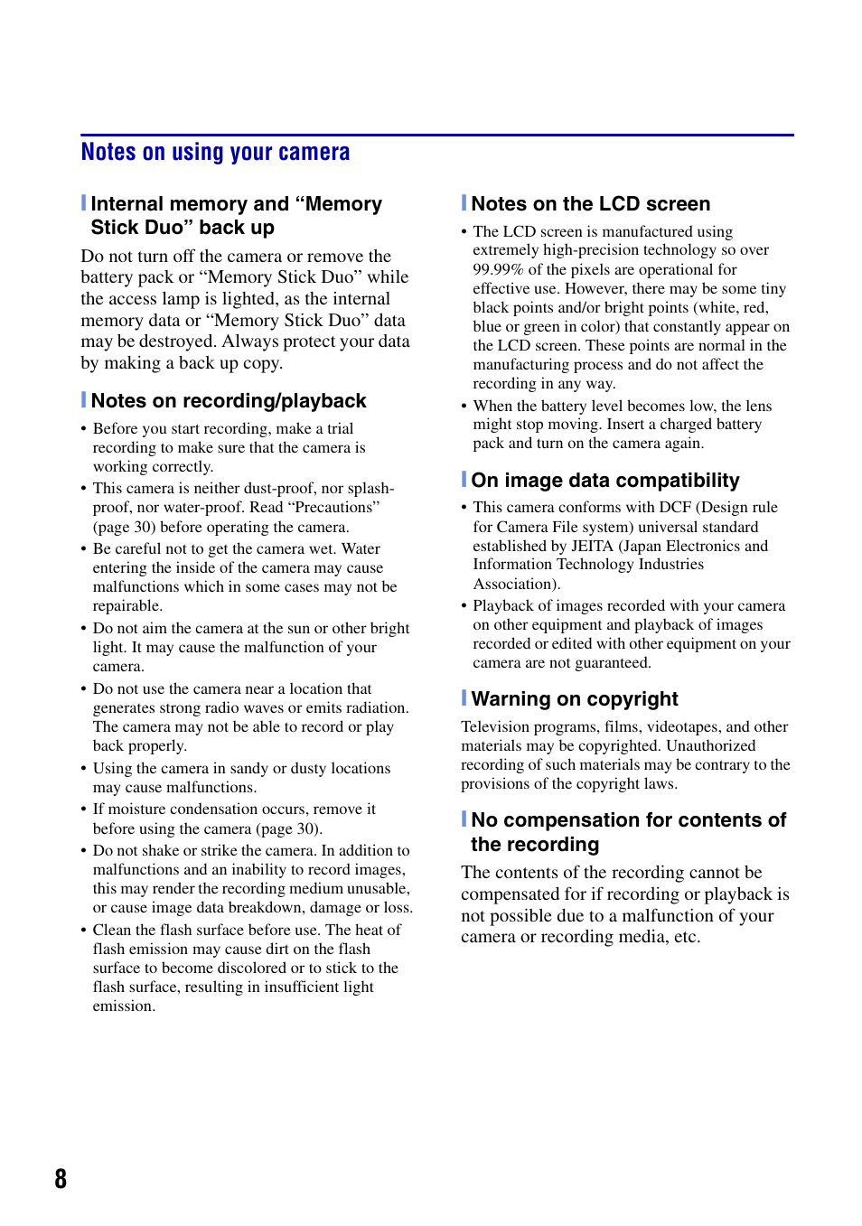 Notes on using your camera | Sony DSC-W80 User Manual | Page 8 / 36
