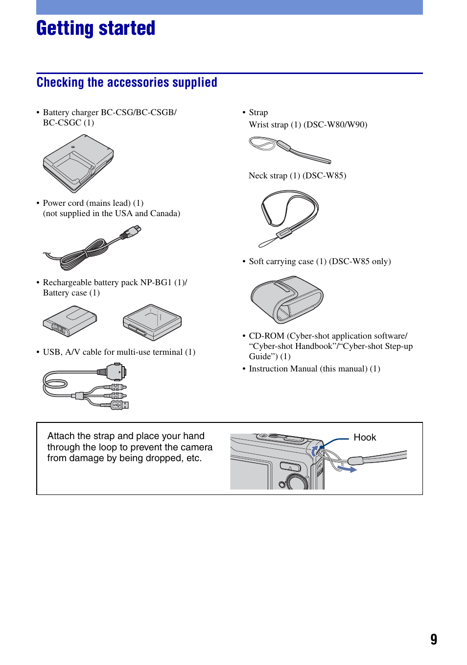 Getting started, Checking the accessories supplied | Sony DSC-W80 User Manual | Page 9 / 36