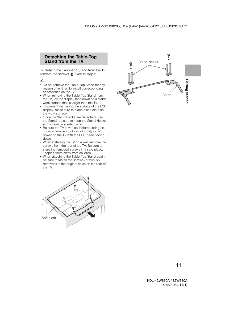 Detaching the table-top stand from the tv | Sony KDL-32W650A User Manual | Page 11 / 48