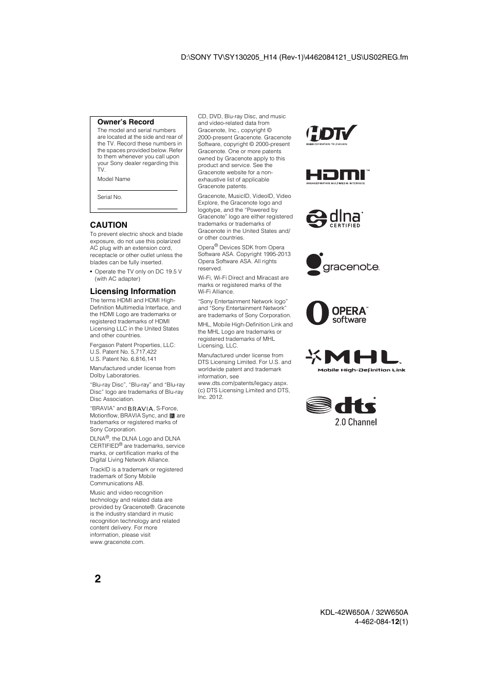 Caution, Licensing information, Owner’s record | Sony KDL-32W650A User Manual | Page 2 / 48