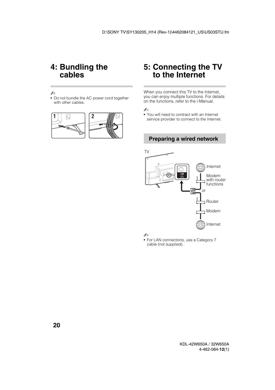 Bundling the cables, Connecting the tv to the internet | Sony KDL-32W650A User Manual | Page 20 / 48