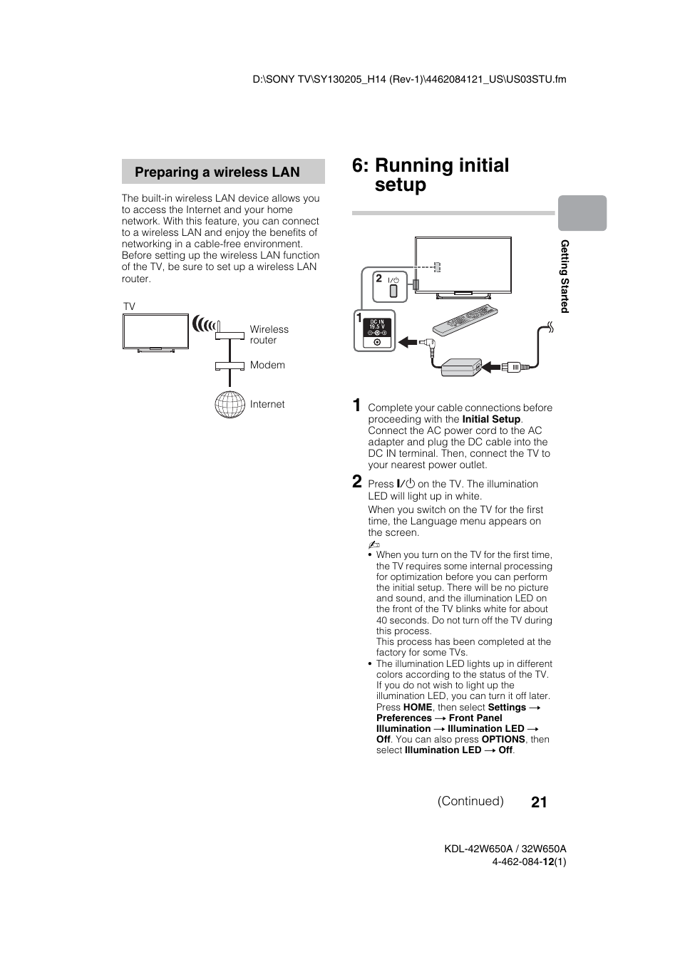 Running initial setup, Preparing a wireless lan, Continued) | Sony KDL-32W650A User Manual | Page 21 / 48