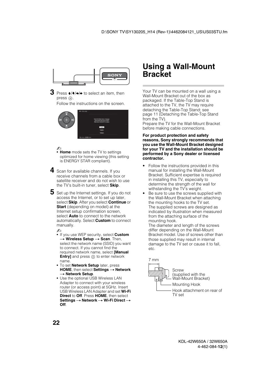 Using a wall-mount bracket | Sony KDL-32W650A User Manual | Page 22 / 48