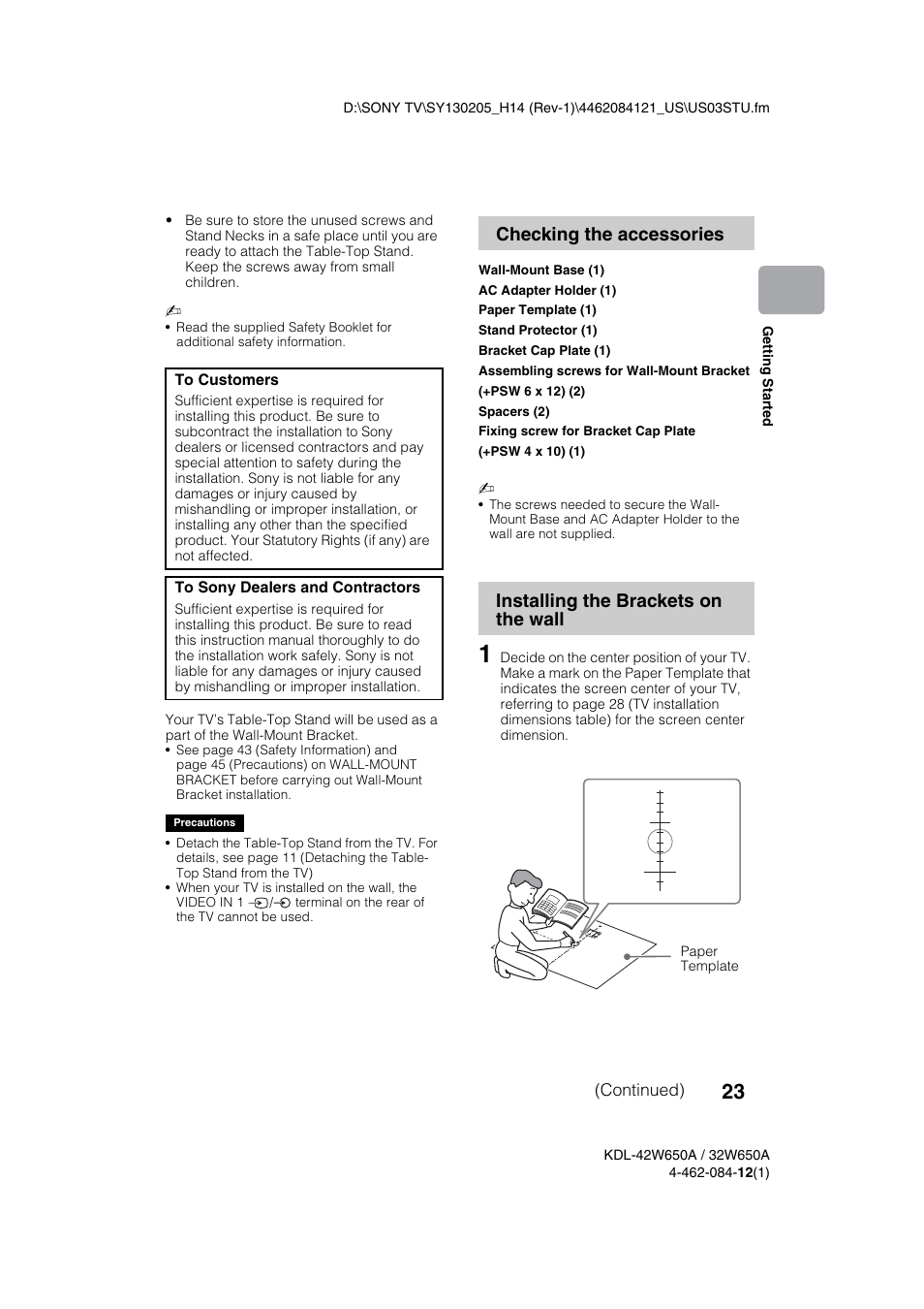 Continued), Paper template | Sony KDL-32W650A User Manual | Page 23 / 48