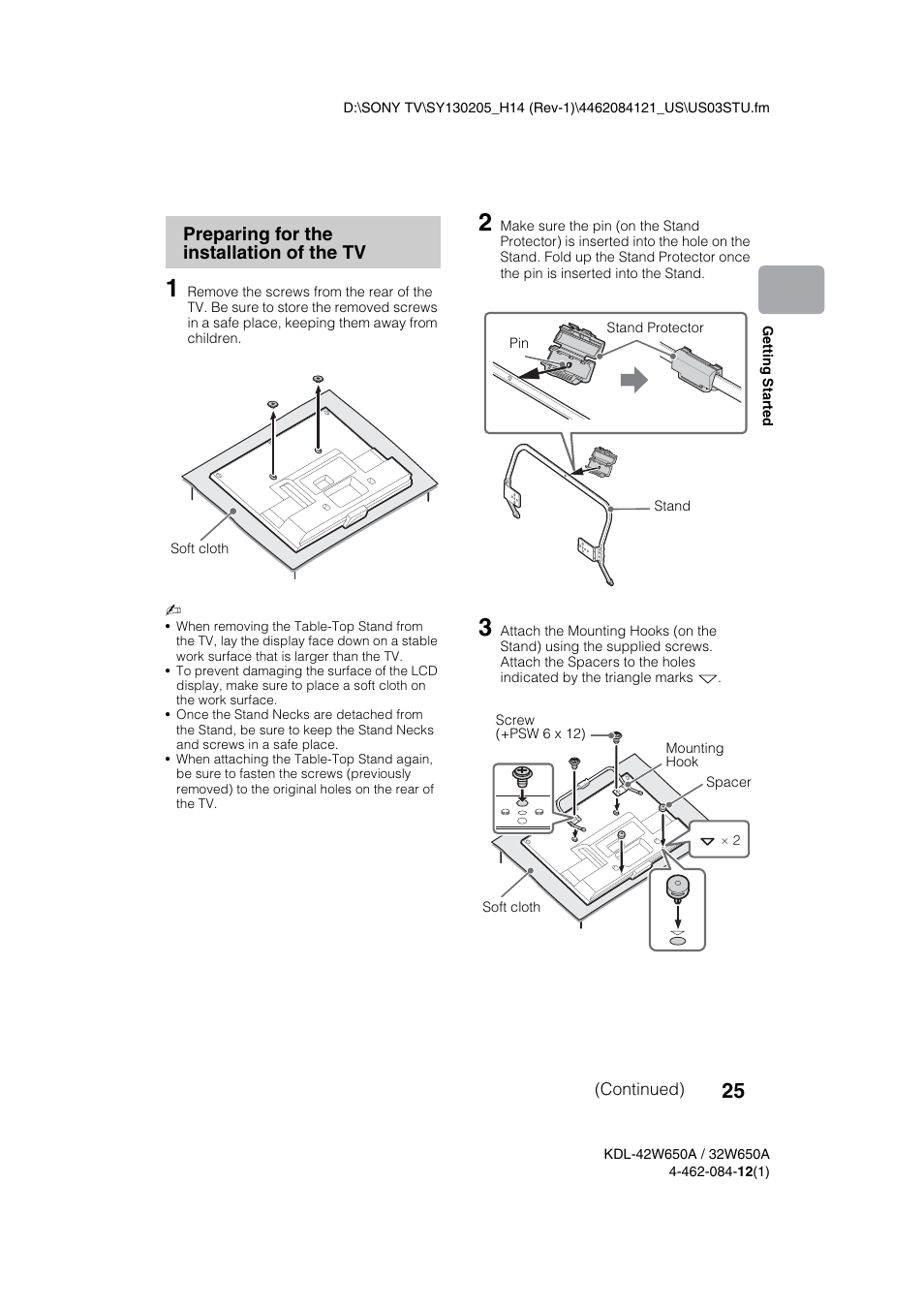 Preparing for the installation of the tv | Sony KDL-32W650A User Manual | Page 25 / 48