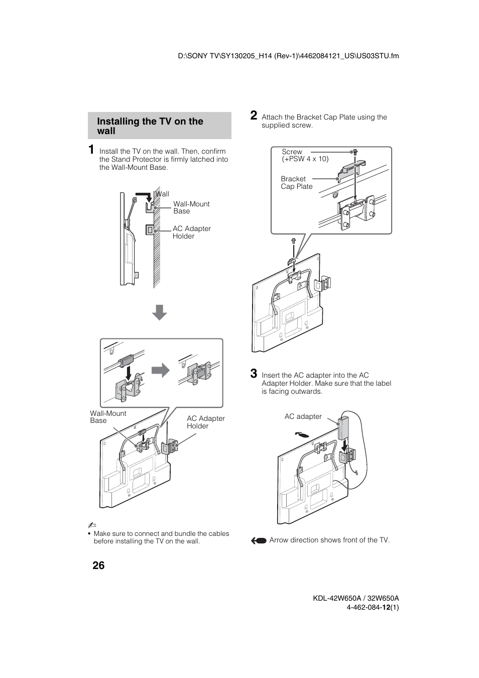 Installing the tv on the wall | Sony KDL-32W650A User Manual | Page 26 / 48