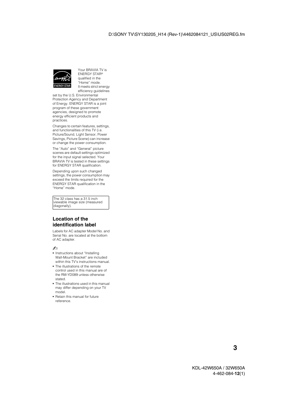 Location of the identification label | Sony KDL-32W650A User Manual | Page 3 / 48