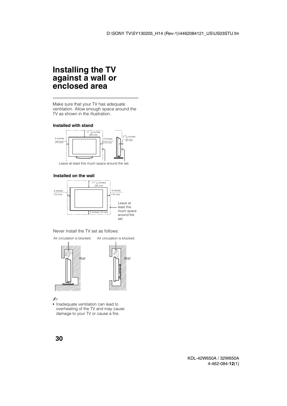 Installing the tv against a wall or enclosed area, Installed with stand, Installed on the wall | Never install the tv set as follows | Sony KDL-32W650A User Manual | Page 30 / 48
