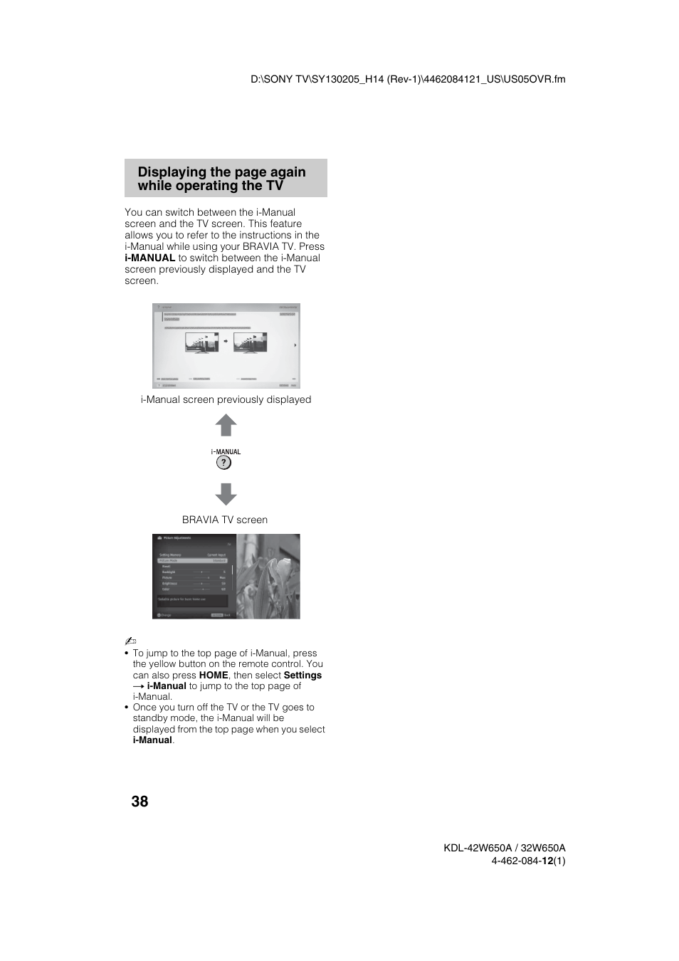 Displaying the page again while operating the tv | Sony KDL-32W650A User Manual | Page 38 / 48