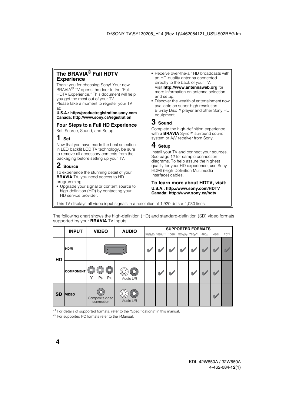 The bravia, Full hdtv experience | Sony KDL-32W650A User Manual | Page 4 / 48