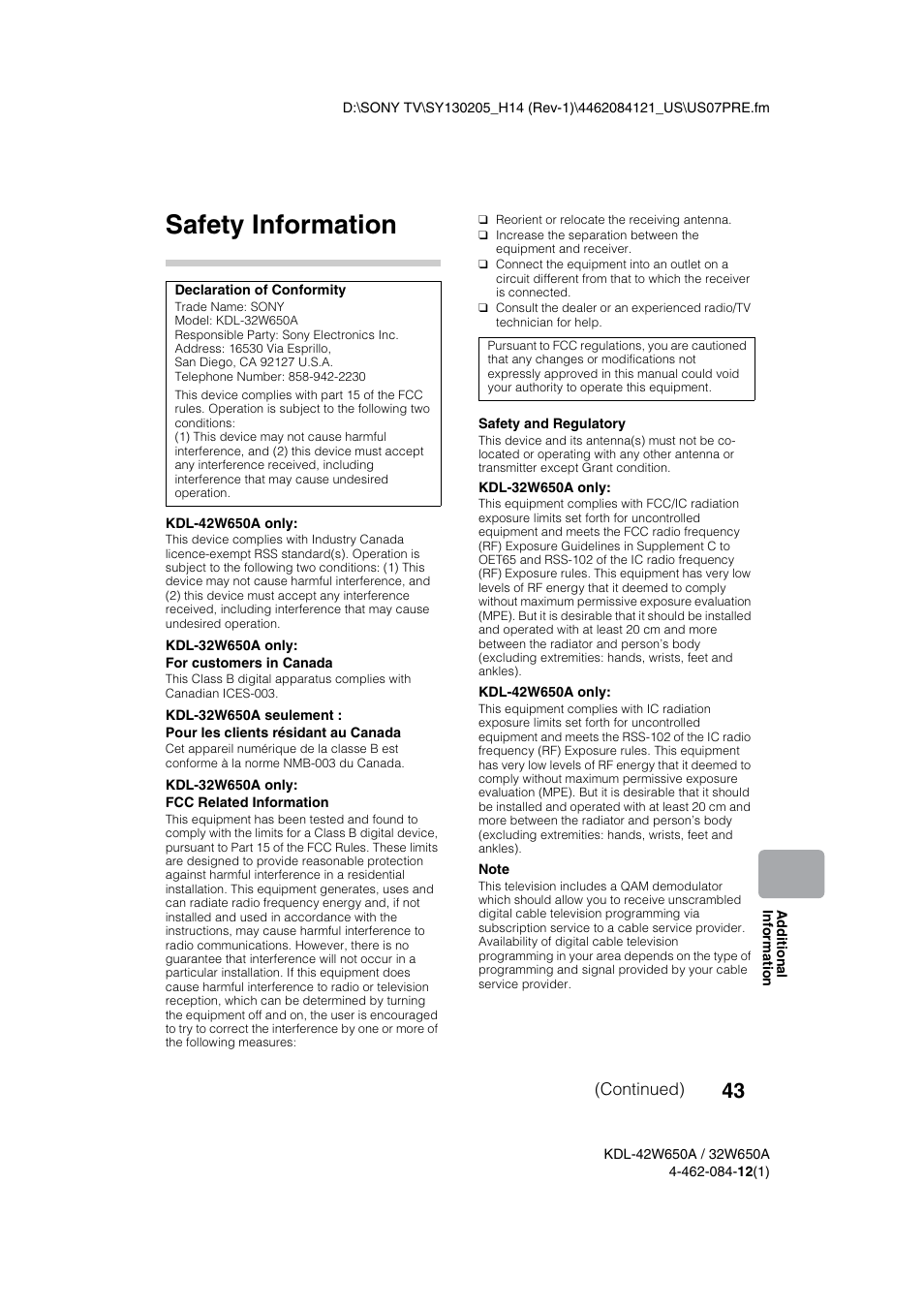 Safety information, Continued) | Sony KDL-32W650A User Manual | Page 43 / 48