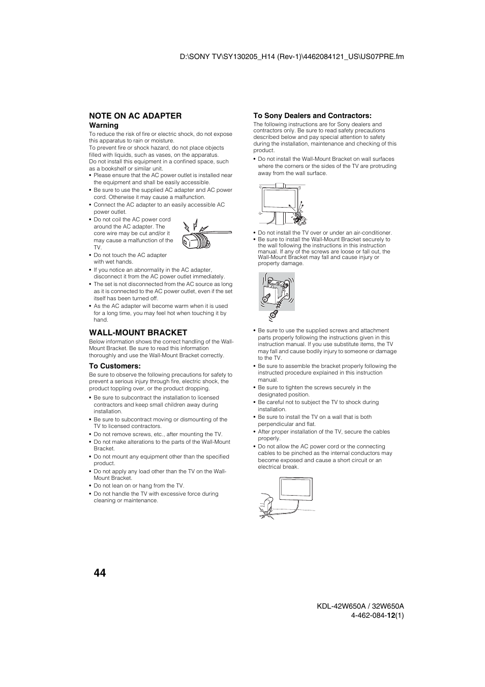 Wall-mount bracket, Warning | Sony KDL-32W650A User Manual | Page 44 / 48