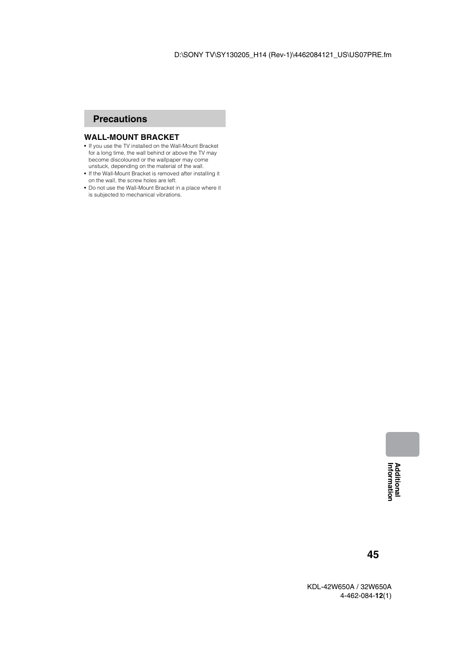 Precautions | Sony KDL-32W650A User Manual | Page 45 / 48
