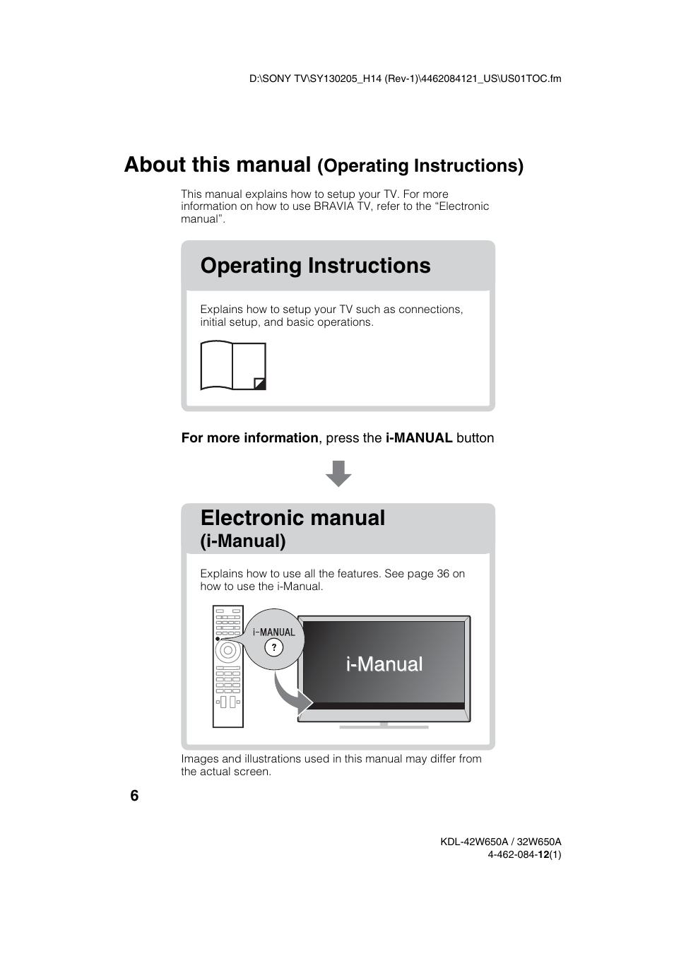 About this manual, Operating instructions electronic manual, Operating instructions) | I-manual) | Sony KDL-32W650A User Manual | Page 6 / 48