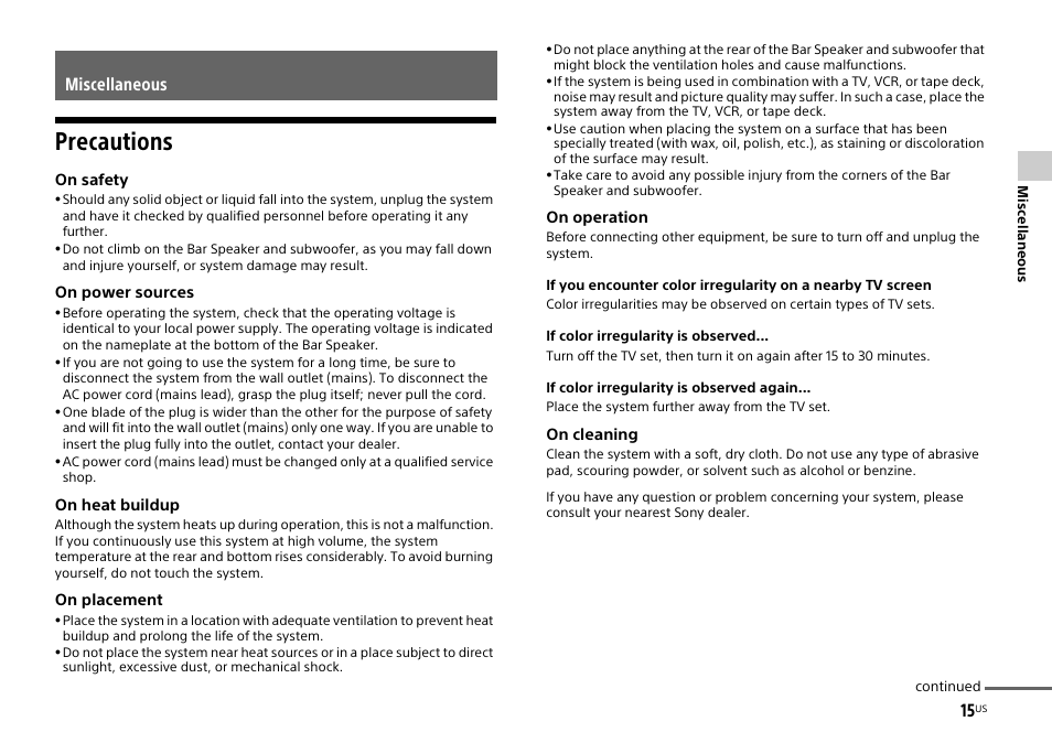 Miscellaneous, Precautions | Sony HT-CT770 User Manual | Page 15 / 96