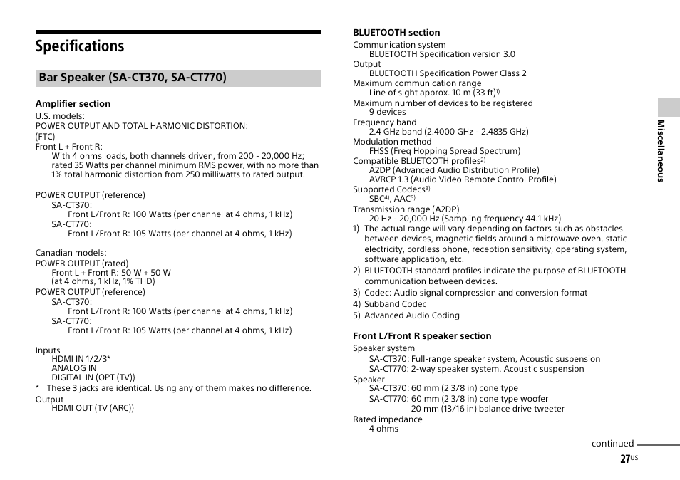 Specifications | Sony HT-CT770 User Manual | Page 27 / 96