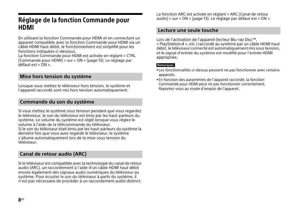 Réglage de la fonction commande pour hdmi | Sony HT-CT770 User Manual | Page 36 / 96