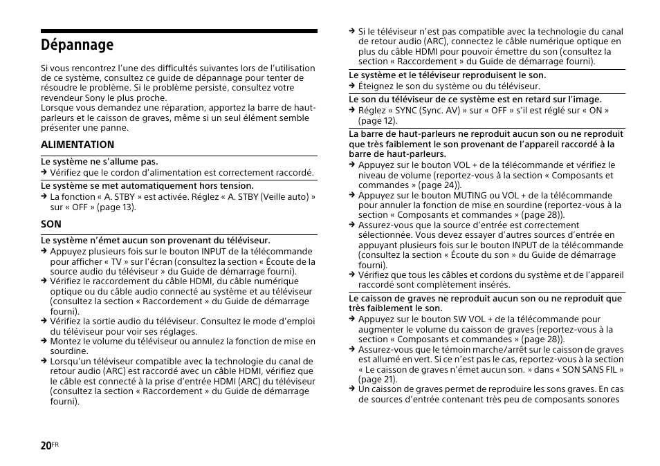 Dépannage | Sony HT-CT770 User Manual | Page 48 / 96