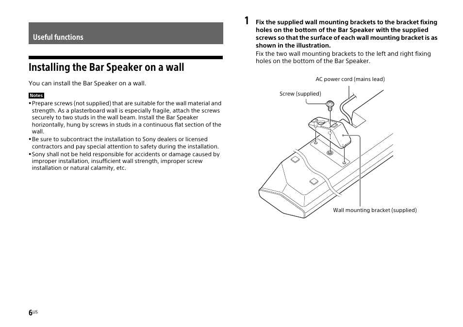 Useful functions, Installing the bar speaker on a wall | Sony HT-CT770 User Manual | Page 6 / 96