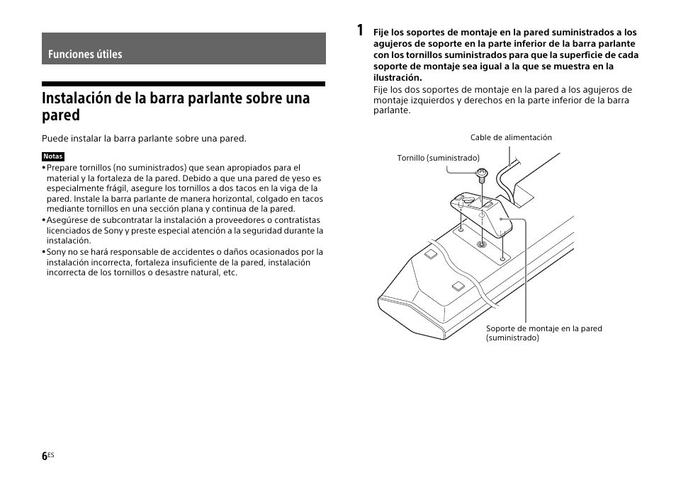 Funciones útiles, Instalación de la barra parlante sobre una pared | Sony HT-CT770 User Manual | Page 66 / 96