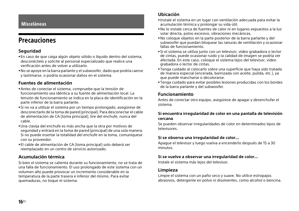 Misceláneas, Precauciones | Sony HT-CT770 User Manual | Page 76 / 96