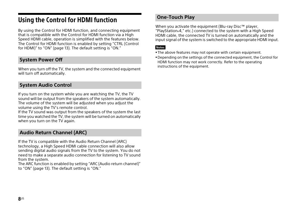 Using the control for hdmi function | Sony HT-CT770 User Manual | Page 8 / 96