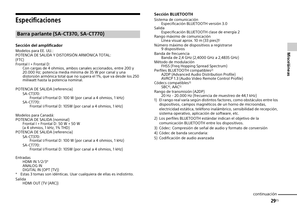 Especificaciones | Sony HT-CT770 User Manual | Page 89 / 96