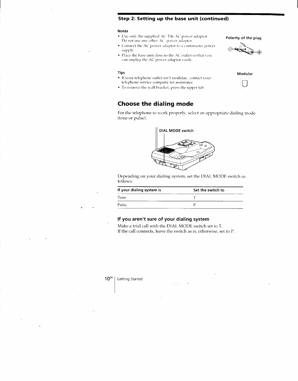 Choose the dialing mode, If you aren't sure of your dialing system, Step 2: setting up the base unit (continued) | Sony SPP-A700 User Manual | Page 10 / 92