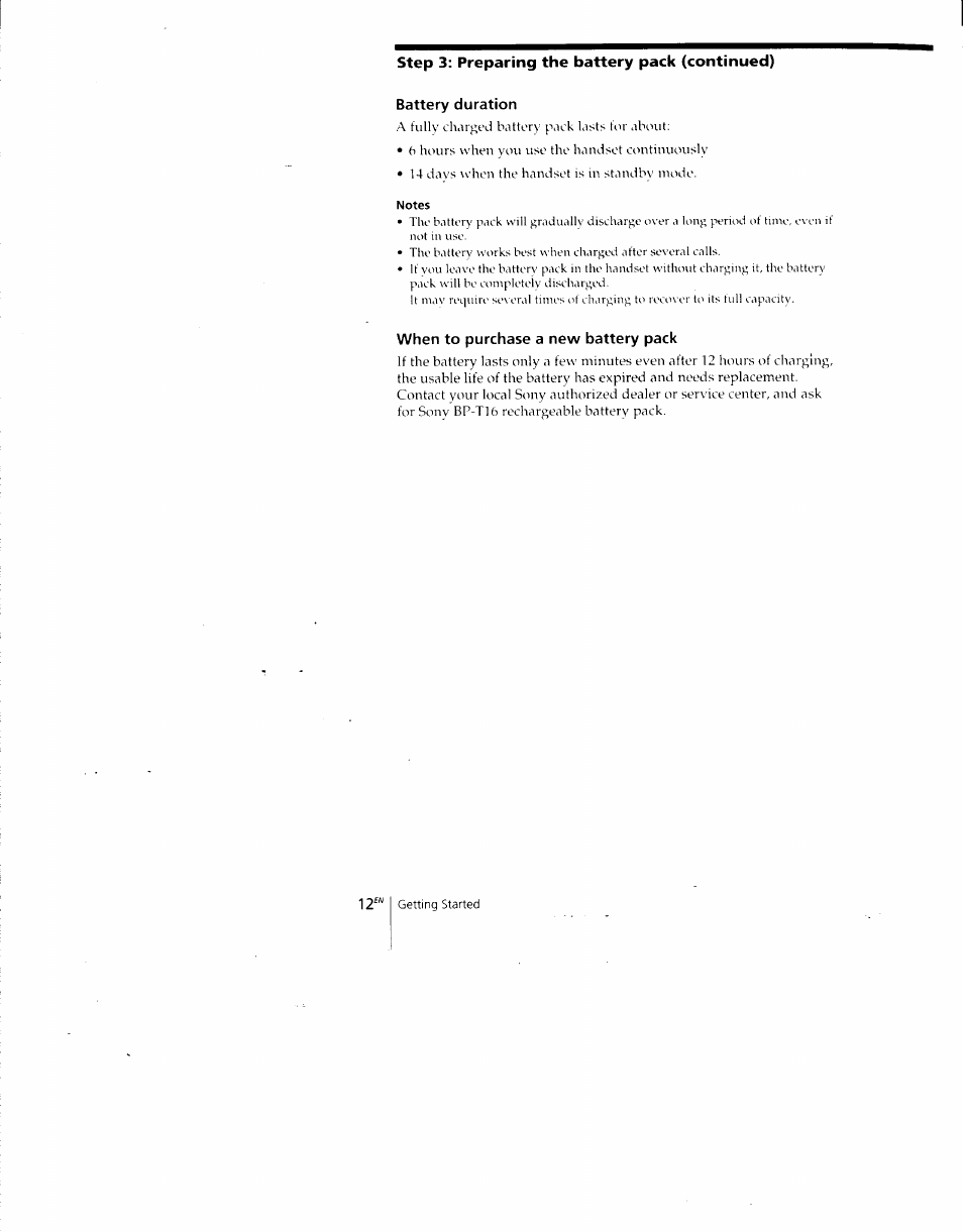 Battery duration, Notes, When to purchase a new battery pack | Step 3: preparing the battery pack (continued) | Sony SPP-A700 User Manual | Page 12 / 92