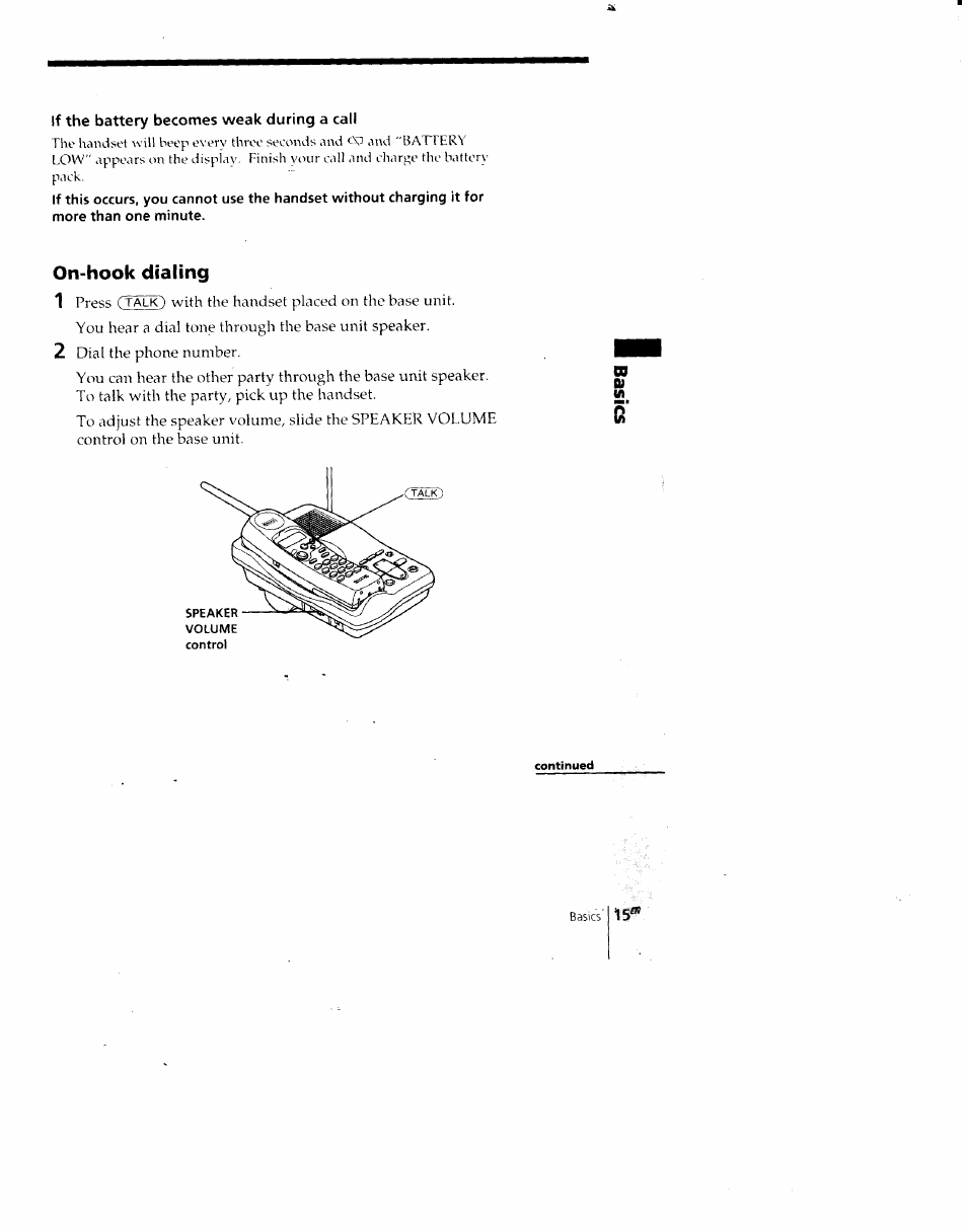 If the battery becomes weak during a call, On-hook dialing, On-hook dialing 1 | Sony SPP-A700 User Manual | Page 15 / 92