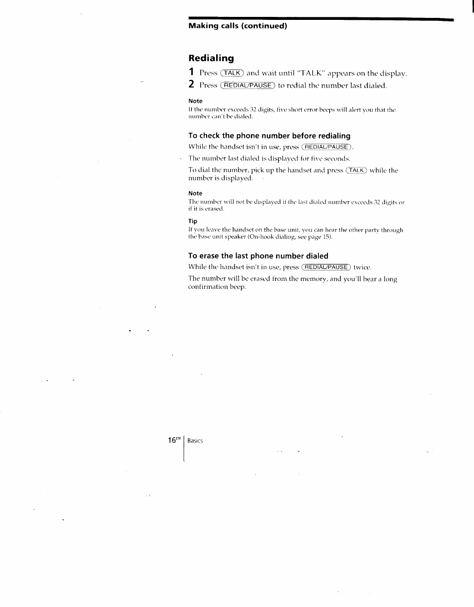 Making calls (continued), Redialing, To check the phone number before redialing | To erase the last phone number dialed, Redialing 1 | Sony SPP-A700 User Manual | Page 16 / 92