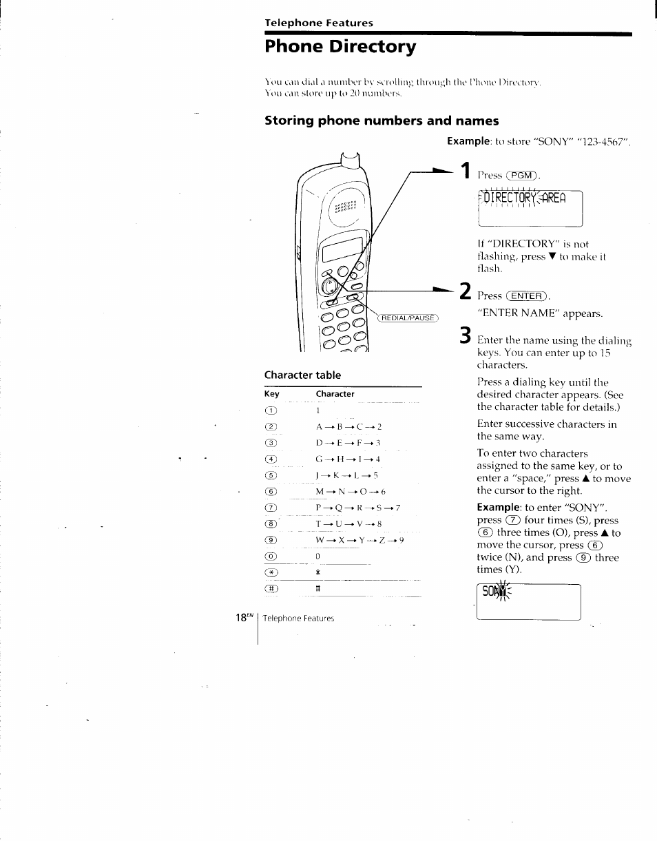 Phone directory, Storing phone numbers and names | Sony SPP-A700 User Manual | Page 18 / 92