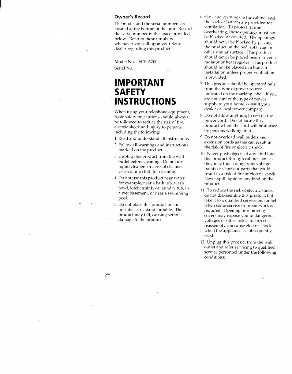 Owner's record, Important safety instructions | Sony SPP-A700 User Manual | Page 2 / 92