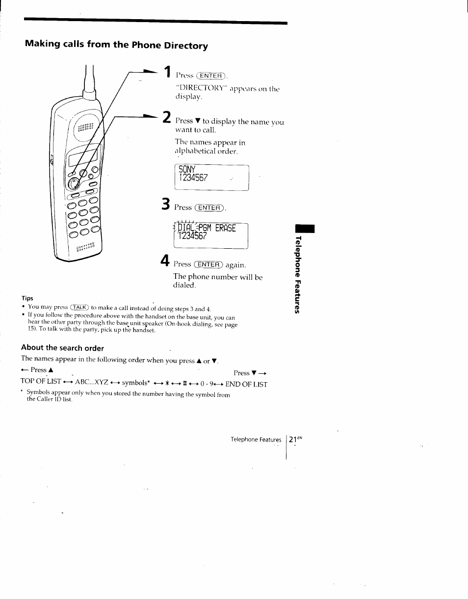Making calls from the phone directory, Sony, Pgm erase | About the search order | Sony SPP-A700 User Manual | Page 21 / 92