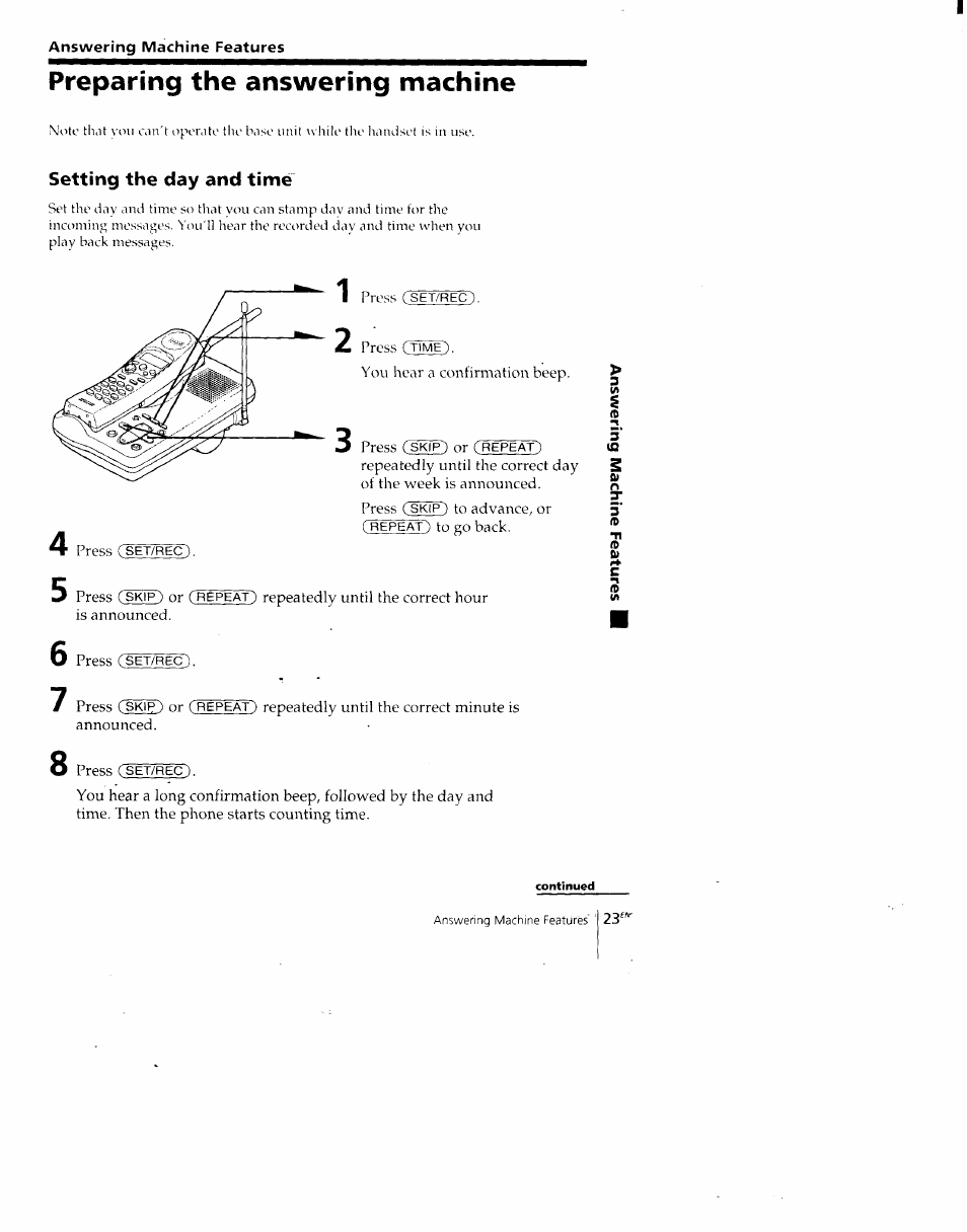 Preparing the answering machine, Setting the day and time | Sony SPP-A700 User Manual | Page 23 / 92