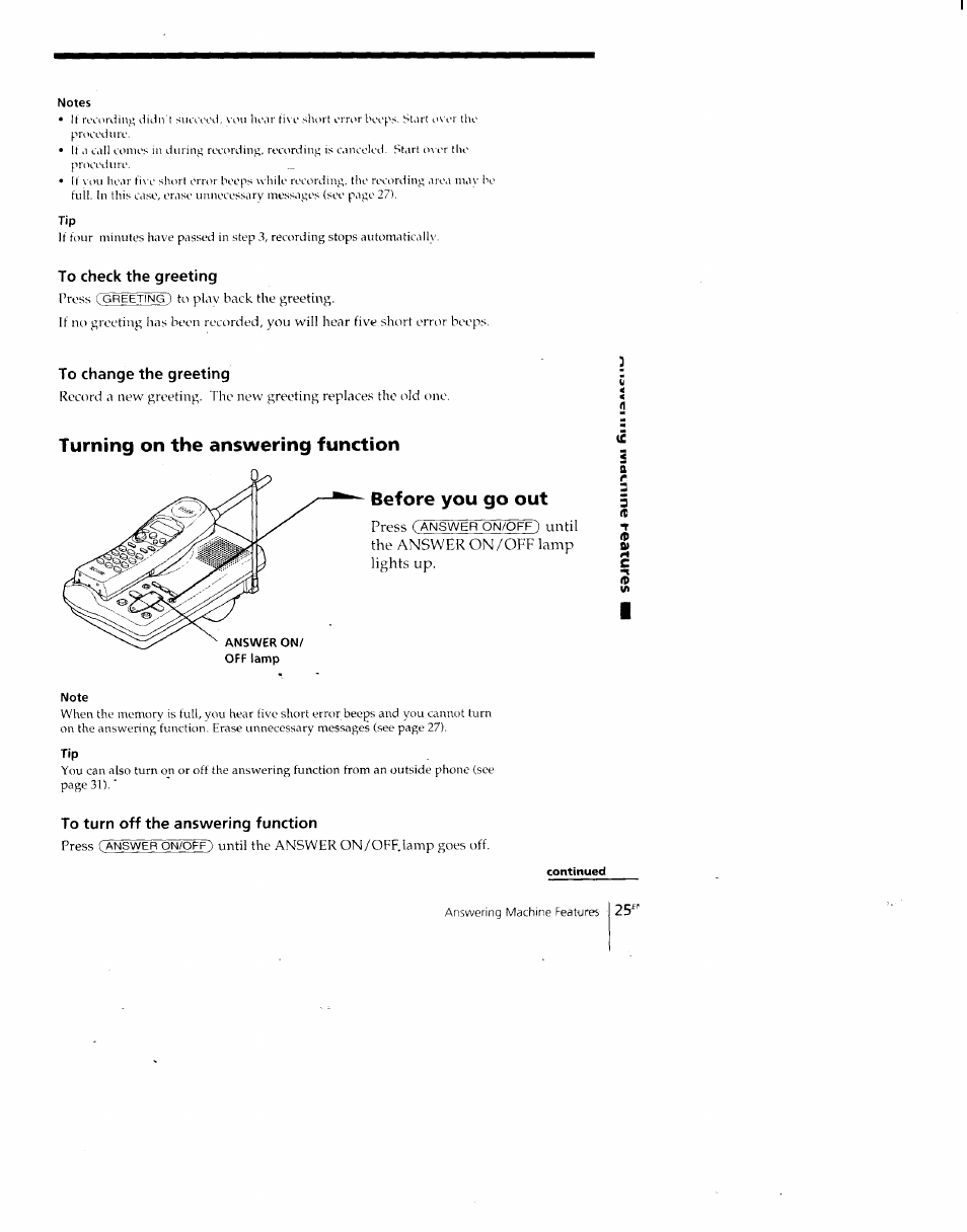 To check the greeting, To change the greeting, Turning on the answering function | Before you go out, To turn off the answering function | Sony SPP-A700 User Manual | Page 25 / 92