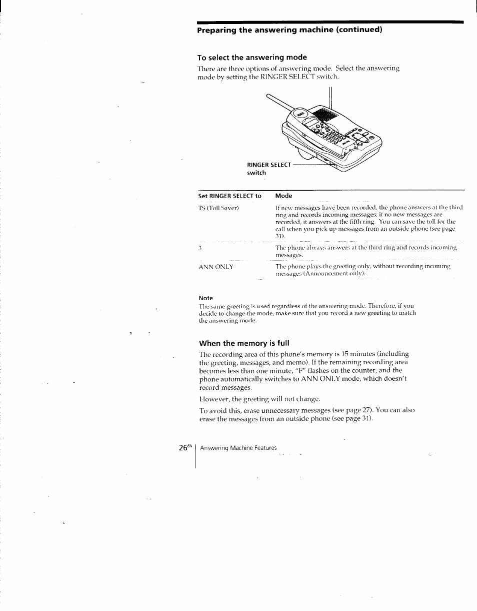 To select the answering mode, When the memory is full, Preparing the answering machine (continued) | Sony SPP-A700 User Manual | Page 26 / 92