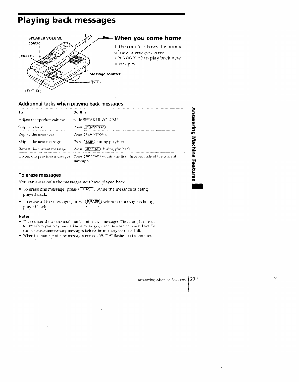 Playing back messages, When you come home, Additional tasks when playing back messages | To erase messages | Sony SPP-A700 User Manual | Page 27 / 92