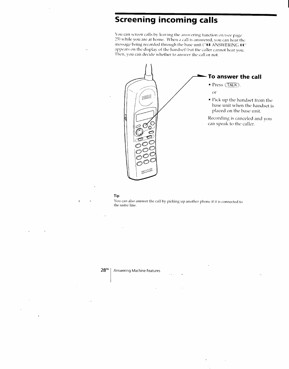 Screening incoming calls, To answer the call | Sony SPP-A700 User Manual | Page 28 / 92