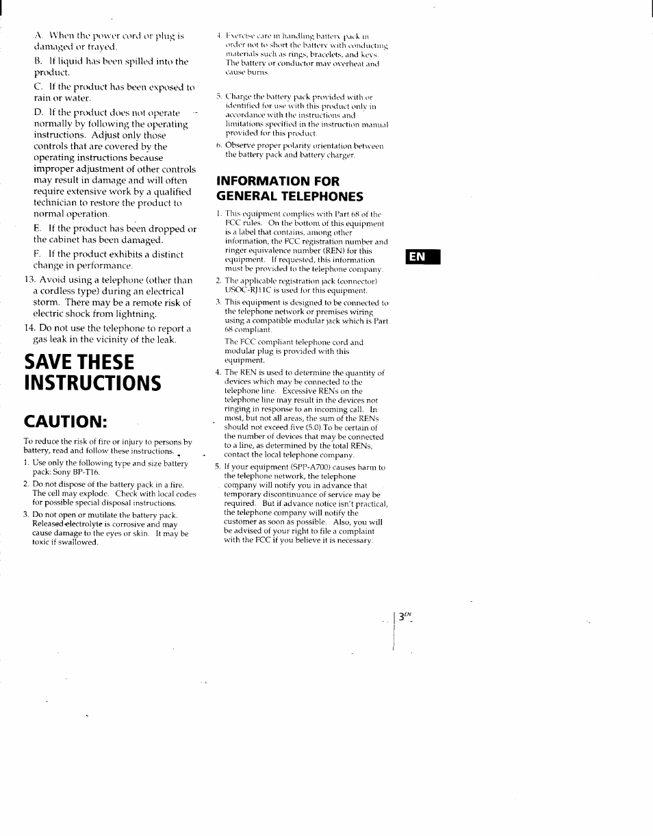 Informatton for general telephones, Save these instructions, Caution | Sony SPP-A700 User Manual | Page 3 / 92