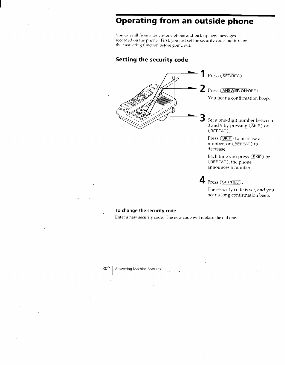 Operating from an outside phone, Setting the security code, To change the security code | Sony SPP-A700 User Manual | Page 30 / 92