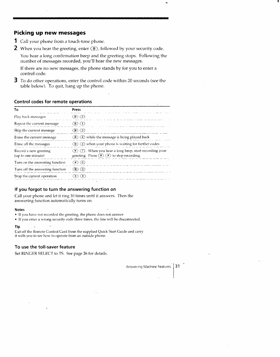 Picking up new messages, Control codes for remote operations, If you forgot to turn the answering function on | To use the toll-saver feature, Picking up new messages 1 | Sony SPP-A700 User Manual | Page 31 / 92
