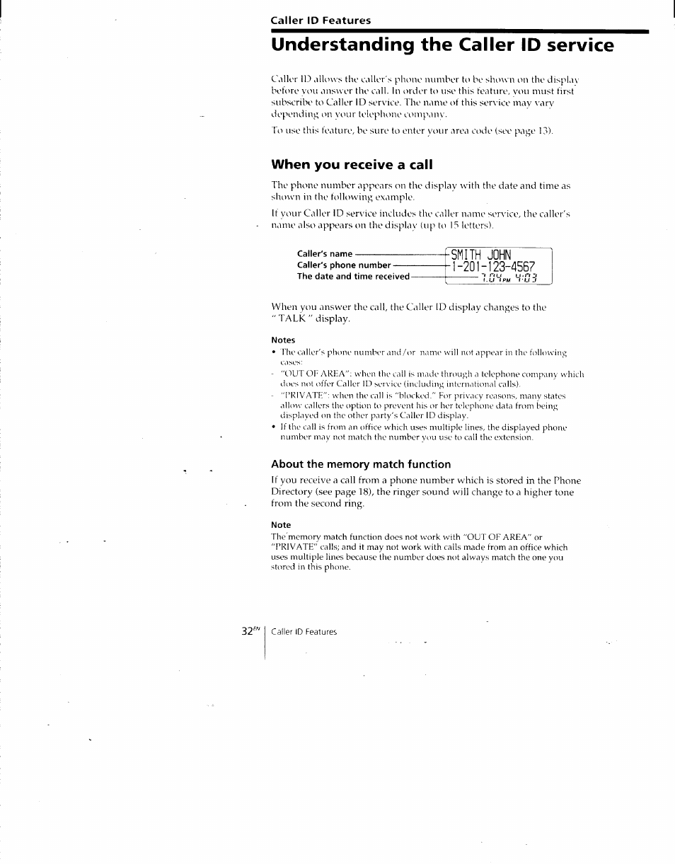 Understanding the caller id service, When you receive a call, About the memory match function | Sony SPP-A700 User Manual | Page 32 / 92