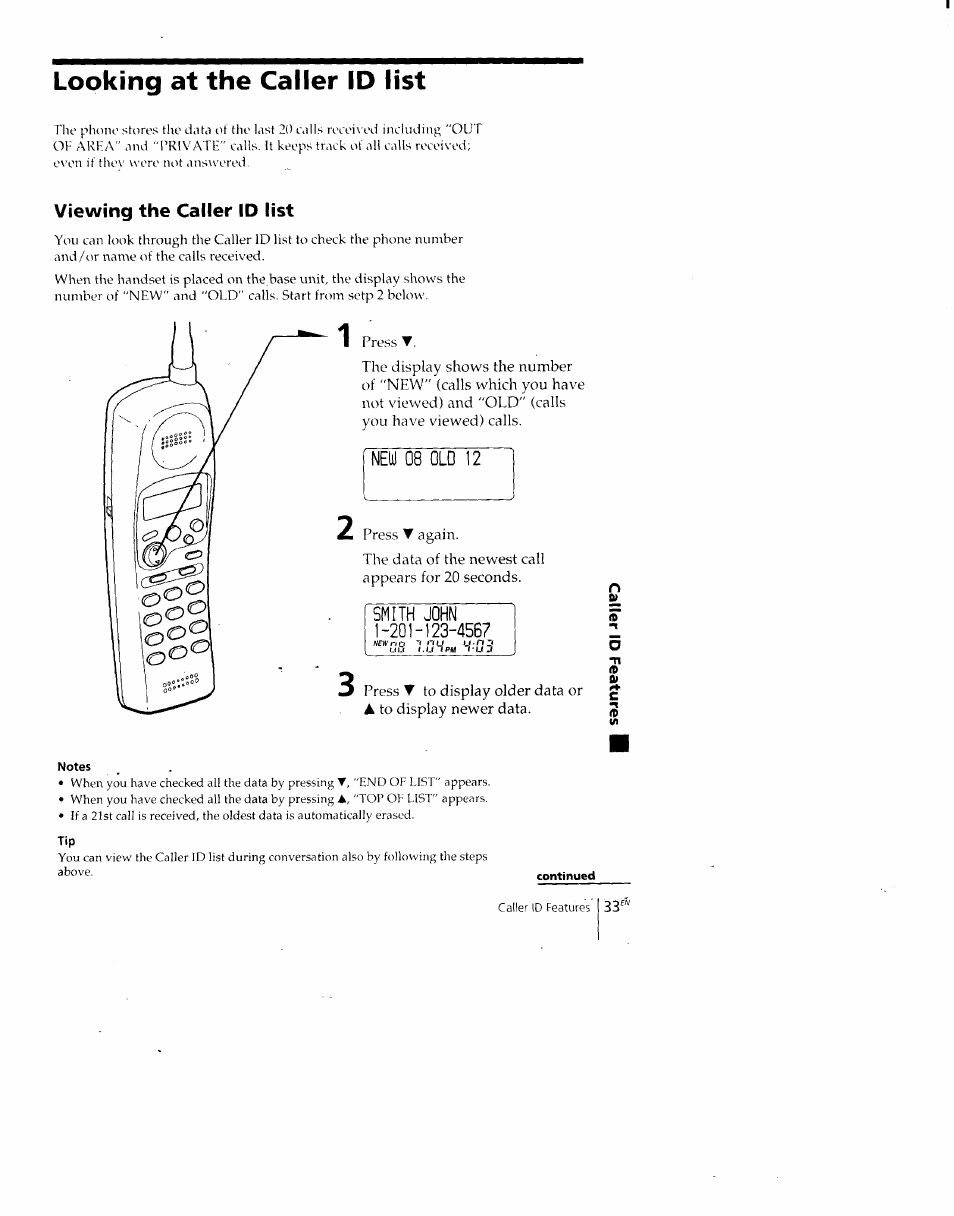 Looking at the caller id list, Viewing the caller id list, New 08 old 12 | Smith john 1-20 h 23-4567 | Sony SPP-A700 User Manual | Page 33 / 92