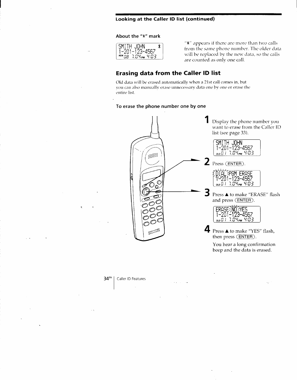 About the mark, Erasing data from the caller id list, To erase the phone number one by one | Smith john 1-201-123-4567, Erase '-'20]-123-4567, Erflse=nq:=yes | Sony SPP-A700 User Manual | Page 34 / 92