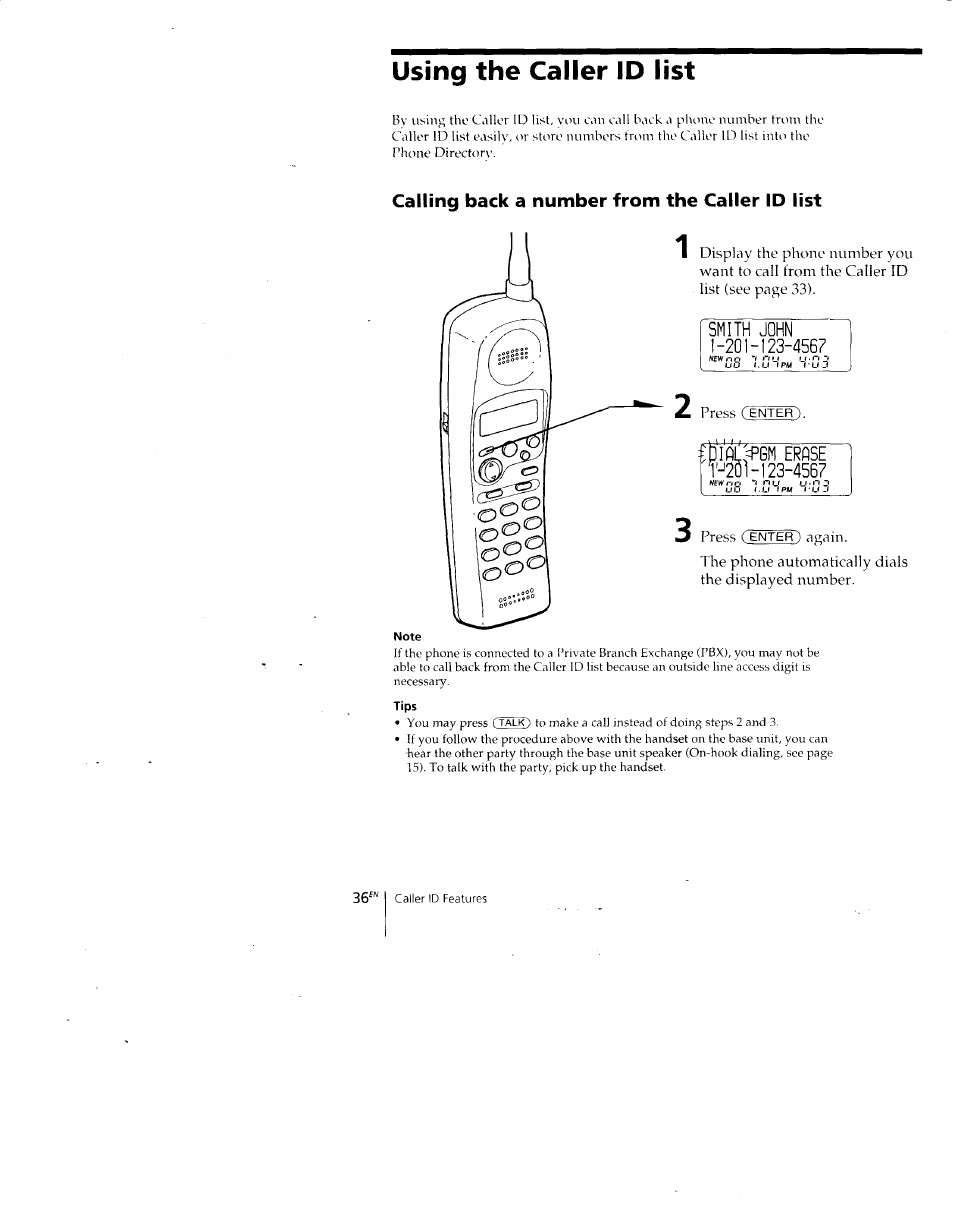 Using the caller id list, Erpse r-'20v 123-4567, Calling back a number from the caller id list | Sony SPP-A700 User Manual | Page 36 / 92