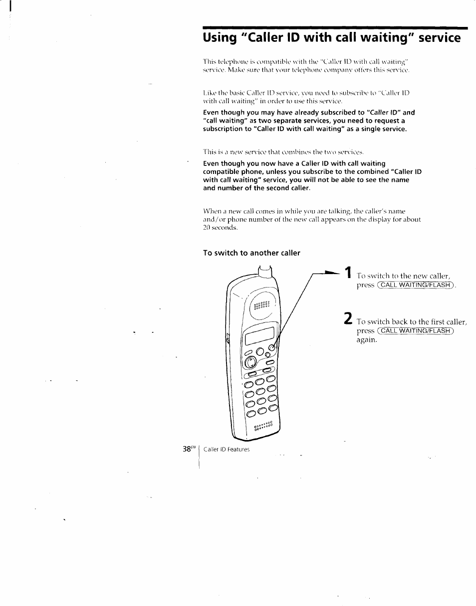 Using "caller id with call waiting" service, To switch to another caller | Sony SPP-A700 User Manual | Page 38 / 92
