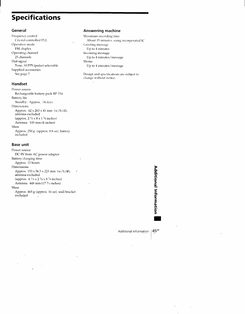 Specifications, General, Handset | Answering machine, Base unit | Sony SPP-A700 User Manual | Page 45 / 92