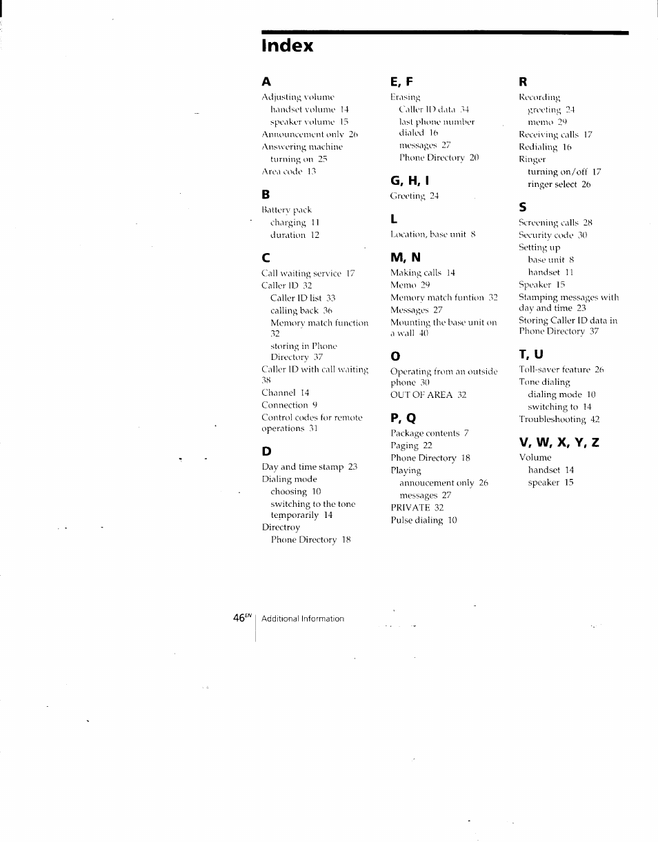 Index, E, f, G, h, i | M, n, T. u, V, w, x, y, z, P, q | Sony SPP-A700 User Manual | Page 46 / 92